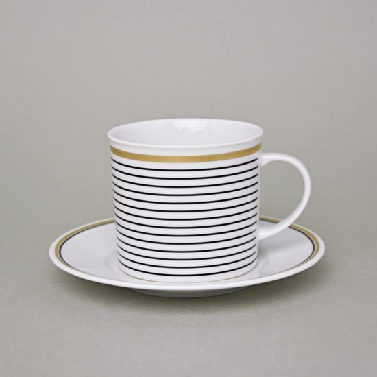 Cup 200 ml + saucer 15,5 cm, ELLA Black-Gold Stripes, Thun 1794 Carlsbad Porcelain