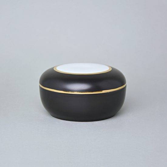 Dóza kulatá 13,7 x 7,5 cm, Černý fond + Zlato, Porcelán Duchcov