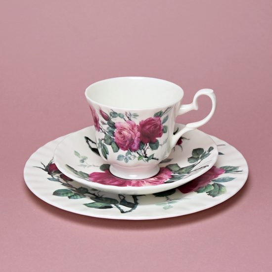 English Rose: Trio Set - Tea Cup 220 ml, Saucer breakfast and Dessert Plate, English Fine Bone China, Roy Kirkham