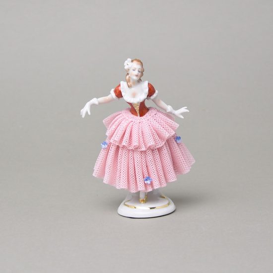 Tanečnice s krajkou 8 x 6 x 12 cm, Kurt Steiner, růžová sukně, Porcelánové figurky Unterweissbacher