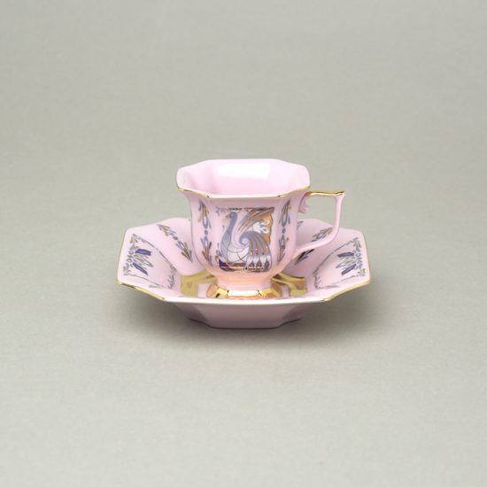 Šálek 80 ml mokka a podšálek 11 cm, Empír, dekor 562 páv, Růžový porcelán z Chodova