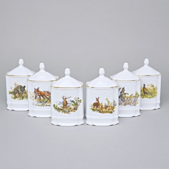 Kořenková souprava, 6 koř., Thun 1794, karlovarský porcelán, BERNADOTTE myslivecká