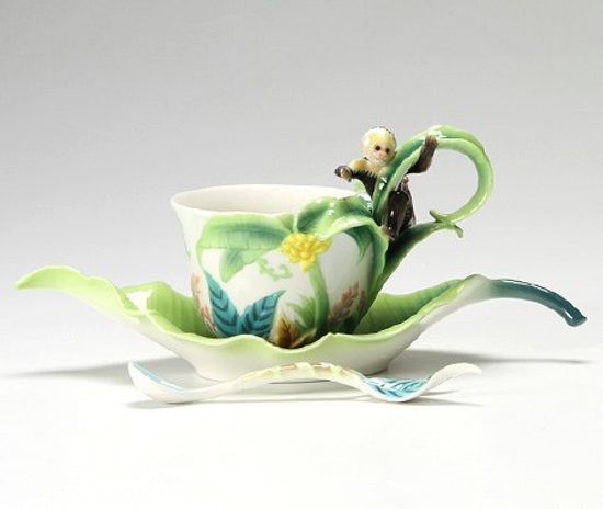 Monkey mischief design sculptured porcelain cup and saucer, FRANZ Porcelain
