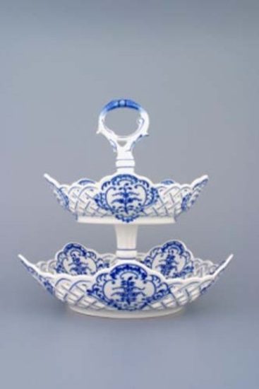 Etažer dvoudílný - mísy pětihranné prolamované / porcelánová tyčka, Cibulák, originální z Dubí