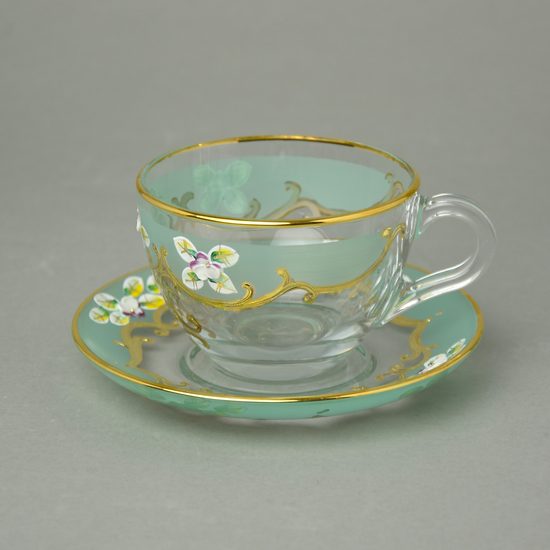 Cup 250 ml and saucer 135 mm, crystal glass + gold + enamel flowers