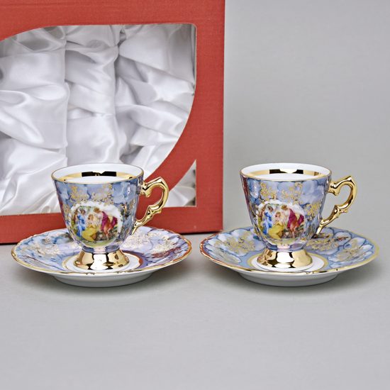 Šálek 80 ml mokka a podšálek 11,5 cm, 2 ks. + krabička, Tři Grácie, bledě modrý listr, Prince porcelain 1925