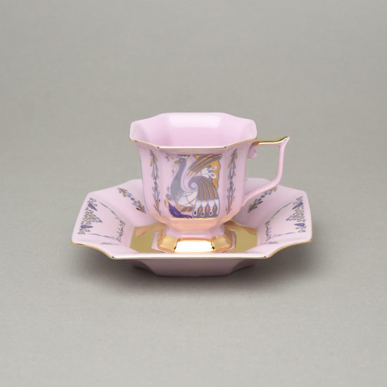 Šálek 130 ml a podšálek kávový 14 cm, Empír 562 páv, Růžový porcelán z Chodova
