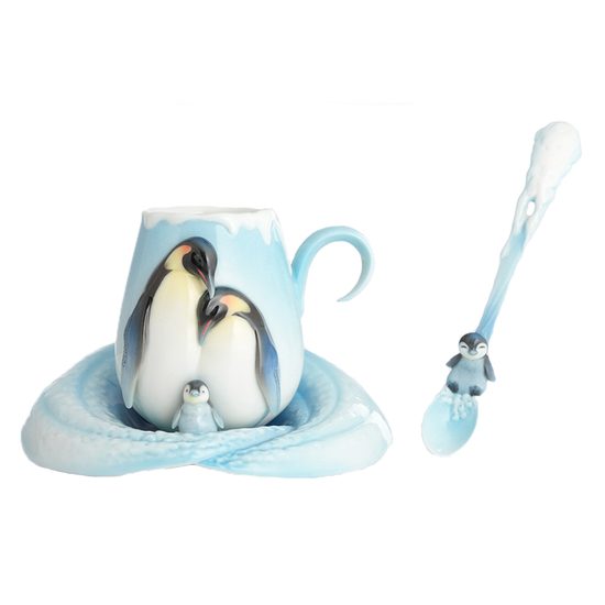 Playful penguins design sculptured porcelain cup and saucer + spoon, FRANZ Porcelain