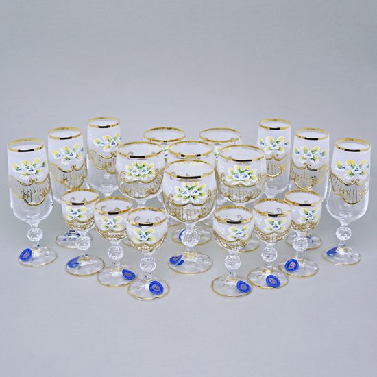 18-dílná sada skleniček Claudia, smaltované kvítky + zlato, Novoborské sklo