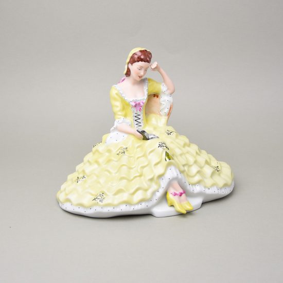 Lady with book, middle 22,5 x 32,5 x 26,5 cm, yellow decor, Royal Dux Bohemia