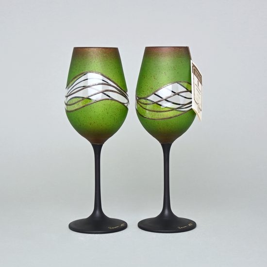 Studio Miracle: Sklenice na víno zeleno-hnědé 2ks, 250 ml, ruční dekorace Vlasta Voborníková