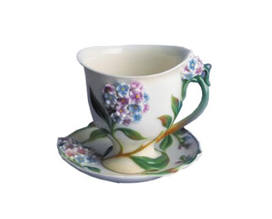 Forget me not flower design sculptured porcelain cup/saucer set, FRANZ Porcelain