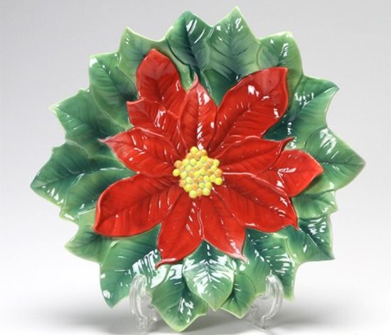 Poinsettia design sculptured porcelain ornamental plate 23,5 cm, FRANZ Porcelain