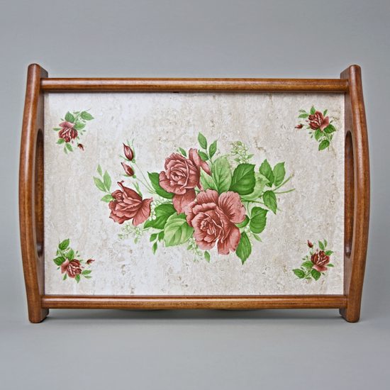 Kuchyňský podnos / destička / prkénko v dřevěném rámu 31 x 24 cm, dekor tmavě červené růže, česká ruční výroba