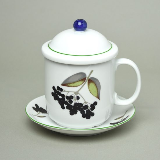 Souprava Adam, hrnek 400 ml s víčkem, sítkem, podšálkem a mističkou, černý bez, Atelier Lesov