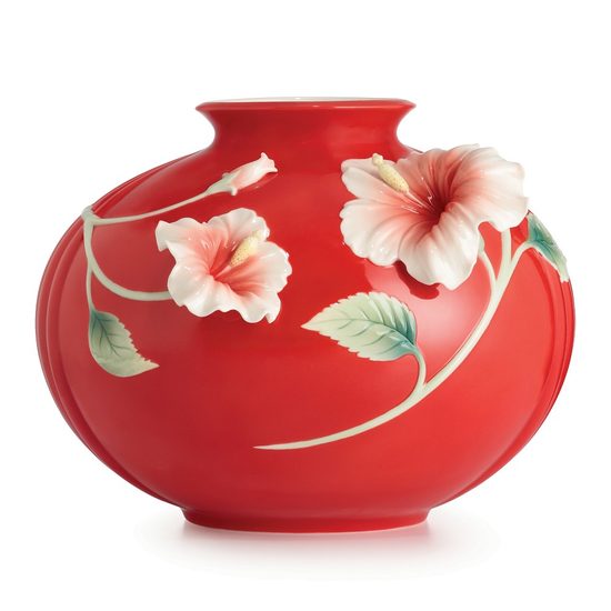 Island Beauty hibiscus flower design sculptured porcelain mid size vase 19,5 cm, Porcelain FRANZ