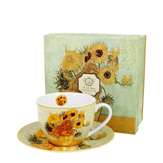 Šálek 270 ml + podšálek 15 cm, V. van Gogh, Slunečnice, kostní porcelán Carmani