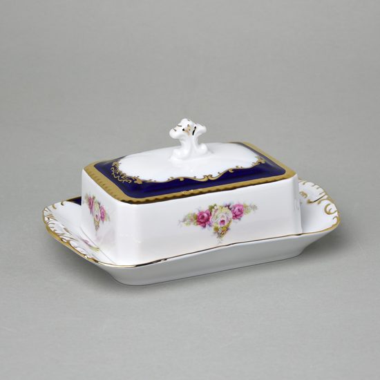 440: Butter dish for 250 g butter, Sonáta, cobalt + gold + roses, Leander Loučky