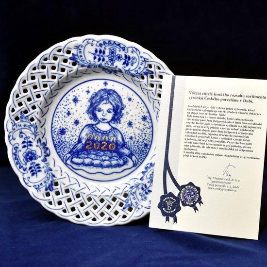 Annual plate 2020, wall, perforated, 18 cm, Original Blue Onion Pattern