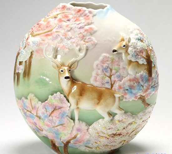Deer sculptured porcelain mid size vase 31 cm, FRANZ Porcelain