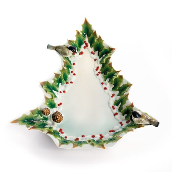 Winter wonderland chickadee design sculptured porcelain plate (tree) 33 x 36 cm, FRANZ Porcelain