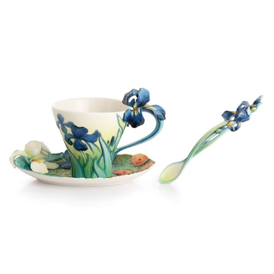 Van Gogh Iris flower design sculptured porcelain cup and saucer + spoon 15 x 10 cm, FRANZ Porcelain