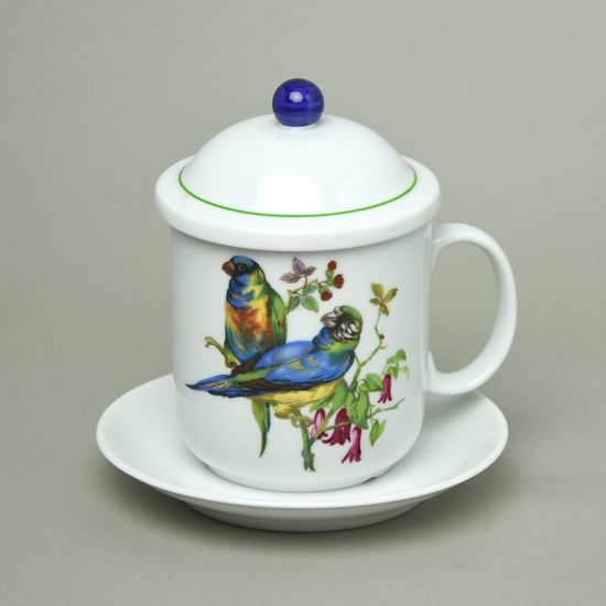 Mug 400 ml with cap and strainer, Birds and butterflies, Atelier Lesov