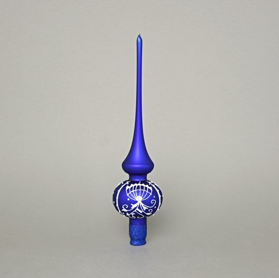 Onion Pattern Christmas Tree Glass Tip 25 cm, Matt Blue, Czech Hand Made Decorations