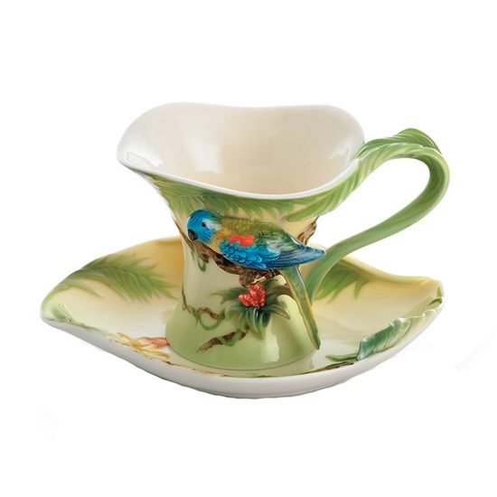 "AMAZON RAIN FOREST" PARROT DESIGN SCULPTURED porcelain cup/saucer/spoon set, FRANZ porcelain