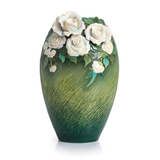 Van Gogh White roses flower design sculptured porcelain large vase 41 cm, Porcelain FRANZ