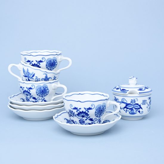 Cup plus saucer set for 4 (0.21 l ) plus sugar bowl, Original Blue Onion Pattern