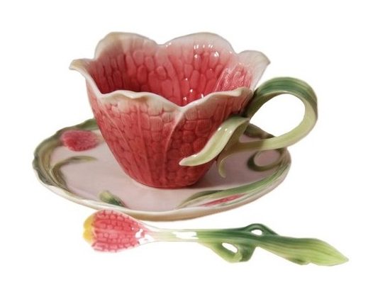 Fritillary design sculptured porcelain cup and saucer, FRANZ Porcelain