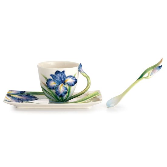 ELOQUENT IRIS FLOWER DESIGN SCULPTURED porcelain cup/saucer/ spoon set, FRANZ porcelain
