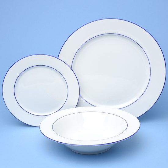 Talířová sada Ella pro 6 osob s objemným hlubokým talířem, modré proužky, Thun 1794, karlovarský porcelán