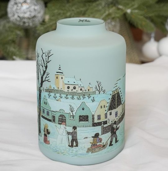 Skleněná váza 18 cm s ilustrací Josefa Lady "Stavíme sněhuláka", Glassor