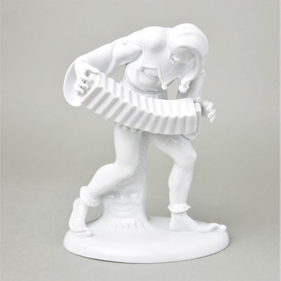 Harlekýn s bandonionem, Gustav Oppel, 17,5 x 11 x 25 cm, Porcelánové figurky Schwarzburger Werkstatten