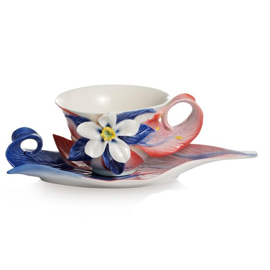 "COLUMBINE WILDFLOWERS"DESIGN SCULPTURED PORCELAIN cup / saucer / spon set, FRANZ porcelain