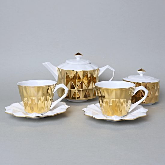 Souprava čajová / kávová s cukřenkou, pro 2 osoby, Diamond Gold, porcelán Goldfinger