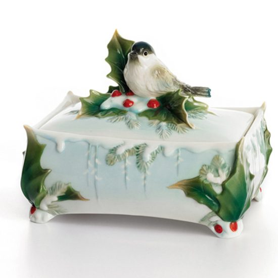 Winter wonderland chickadee design sculptured porcelain lidded box 12 cm, FRANZ Porcelain