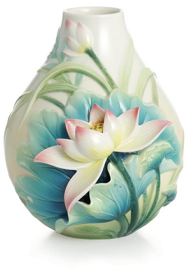 Peaceful Lotus design sculptured porcelain small vase 15 cm, Porcelain FRANZ