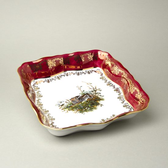 Bowl square 24 cm, hunting - ruby, QueensCrown porcelain