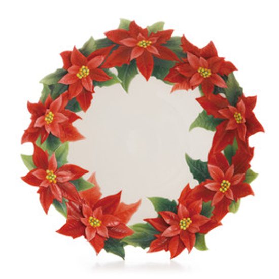 Poinsettia design sculptured porcelain ornamental plate 38 cm, FRANZ Porcelain