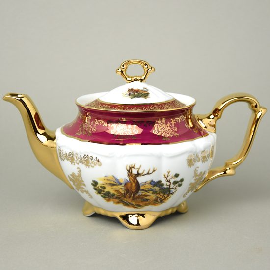 Konvice čajová 1,2 l, Myslivecký rubínový, zlatý listr, porcelán Carlsbad