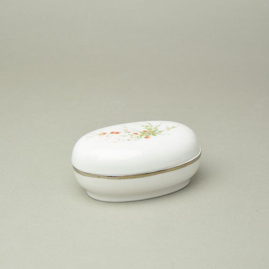 Dóza ovalná 12 x 8 cm, Bílá + platina + dekor, Porcelán Duchcov