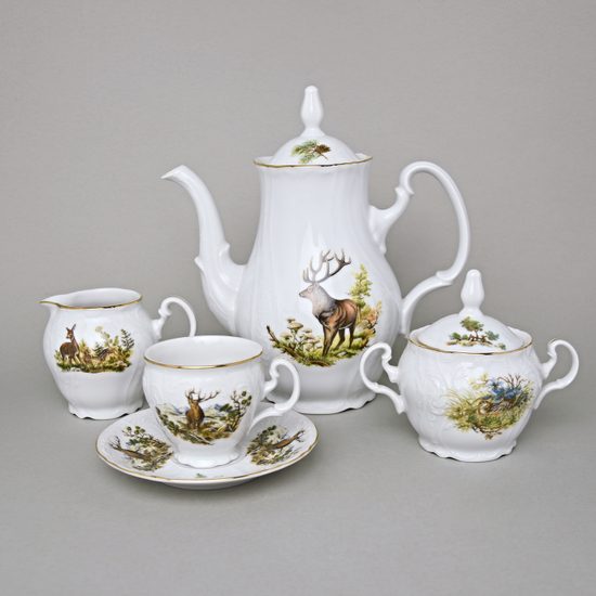 Coffee set for 6 persons, Thun 1794 Carlsbad porcelain, BERNADOTTE hunting