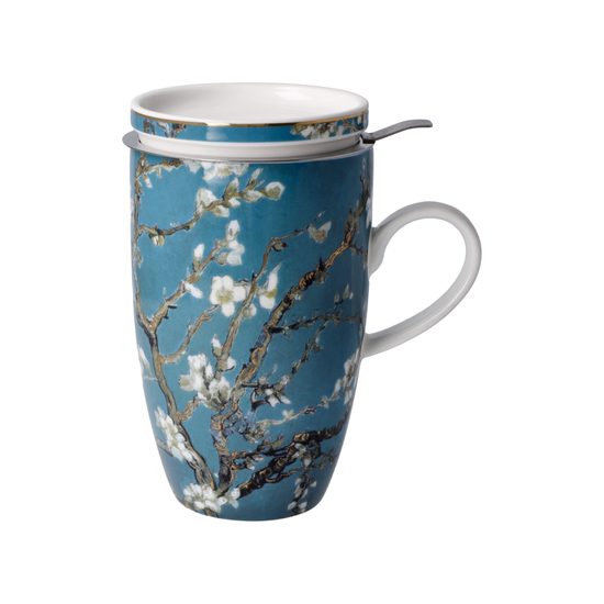 Tea Cup 0,4 l with Lid and Strainer V. van Gogh - Almond Tree Blue, 11.5 / 8 / 14 cm, Fine Bone China, Goebel