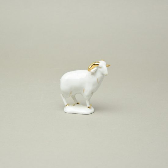 Beran 8,6 cm (kozoroh), bílá + zlato, Porcelánové figurky Duchcov