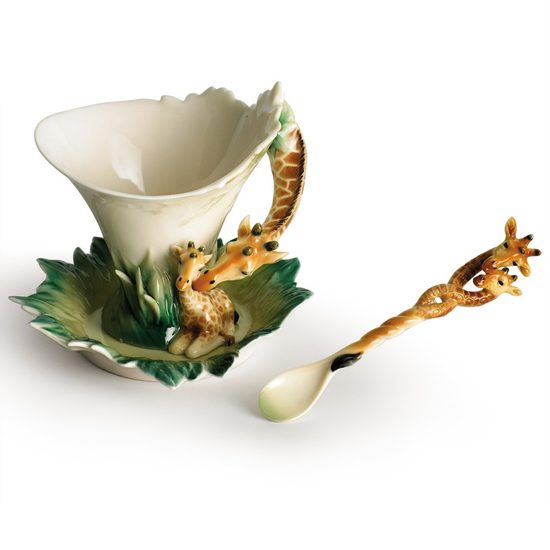 Endless Beauty giraffe design sculptured porcelain cup and saucer and spoon 12,5 x 10 cm, FRANZ Porcelain