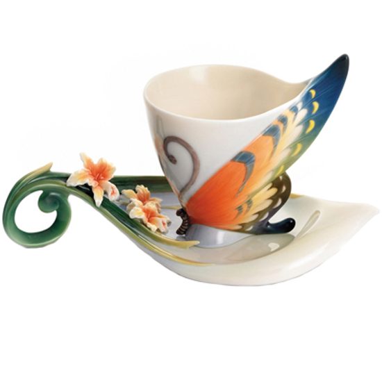 Tiger swallowtail butterfly design sculptured porcelain cup/saucer set, Porcelain FRANZ