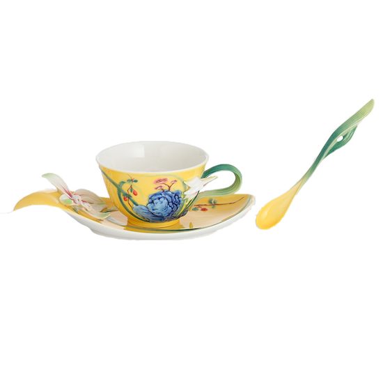 IRISES/ORCHIDS WITH GROTESQUE STONE DESIGN SCULPTURED PORCELAIN cup/saucer/spoon set, FRANZ porcelain